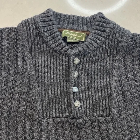 Eddie Bauer Cotton Big Knit Gray Fisherman Sweater 1/4 Button XL Grandpa‎ Preppy - Picture 3 of 6